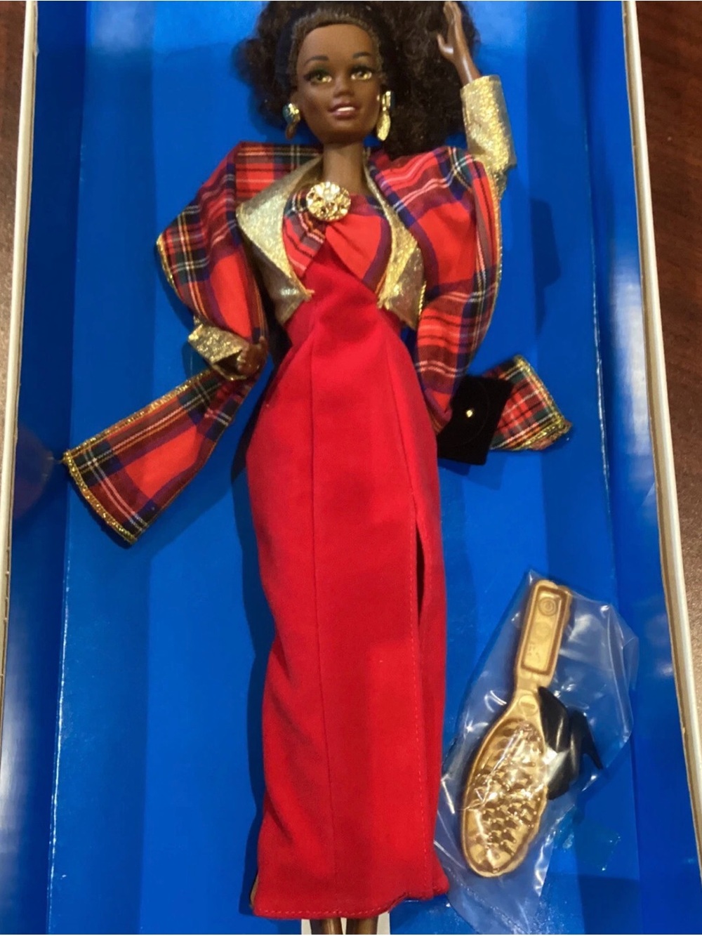 Barbie Red Gown with Tartan Shawl and Gold Accessories